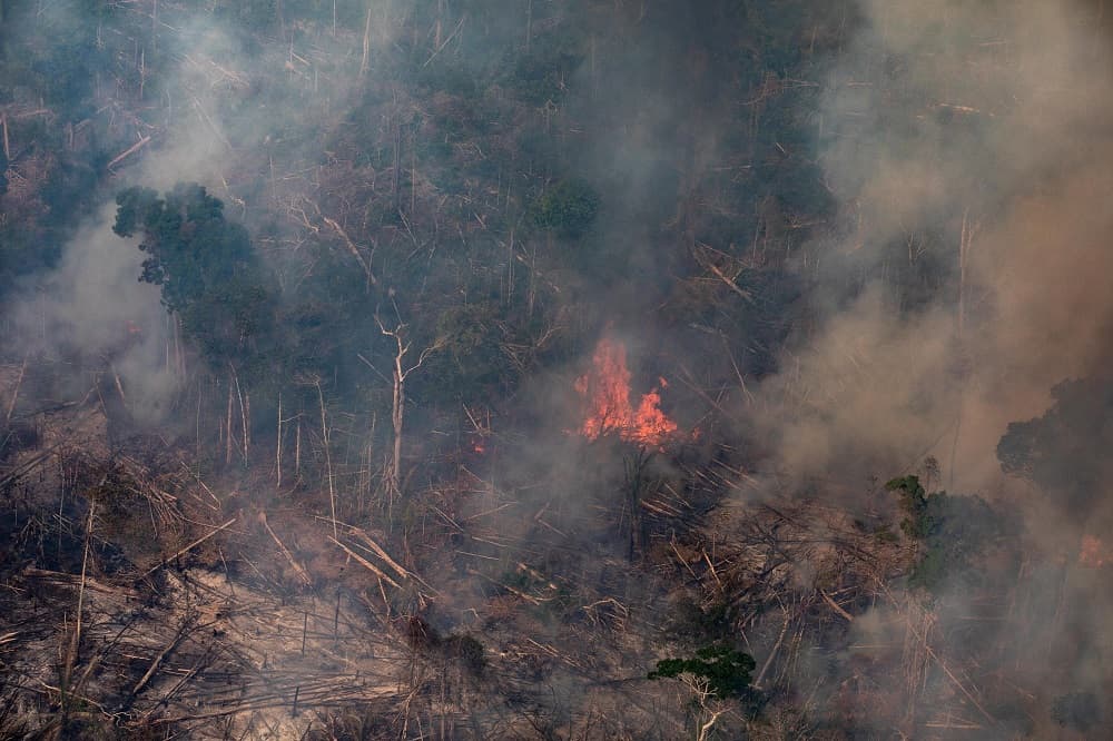 Asimismo, la vecina Rondonia ha puesto en marcha una acción integrada en la que participan diversas instituciones regionales para frenar las llamas. Imagen aérea de este domingo de un fuego activo en Porto Velho.