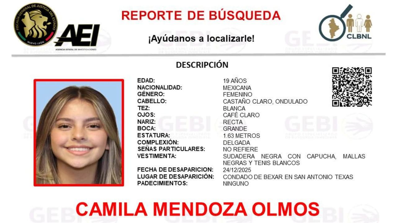Extienden a Nuevo León la búsqueda de Camila Mendoza Olmos, desaparecida en Texas