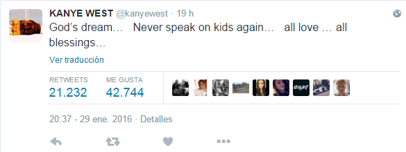 West indicó en su cuenta: "Por Dios, nunca hablemos de niños otravez. Sólo amor y bendiciones", indicó en un post el marido de Kim Kardashian.