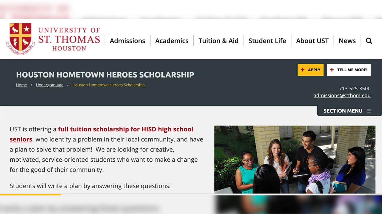 Los alumnos del último año de preparatoria de Houston ISD tienen hasta el 16 de enero para participar y registrarse en el concurso de la Universidad de St. Thomas. 
<b><a href="https://www.stthom.edu/Admissions/Undergraduate-Admissions/Houston-Hometown-Heroes/Index.aqf" target="_blank">Da click aquí</a></b> para más información.