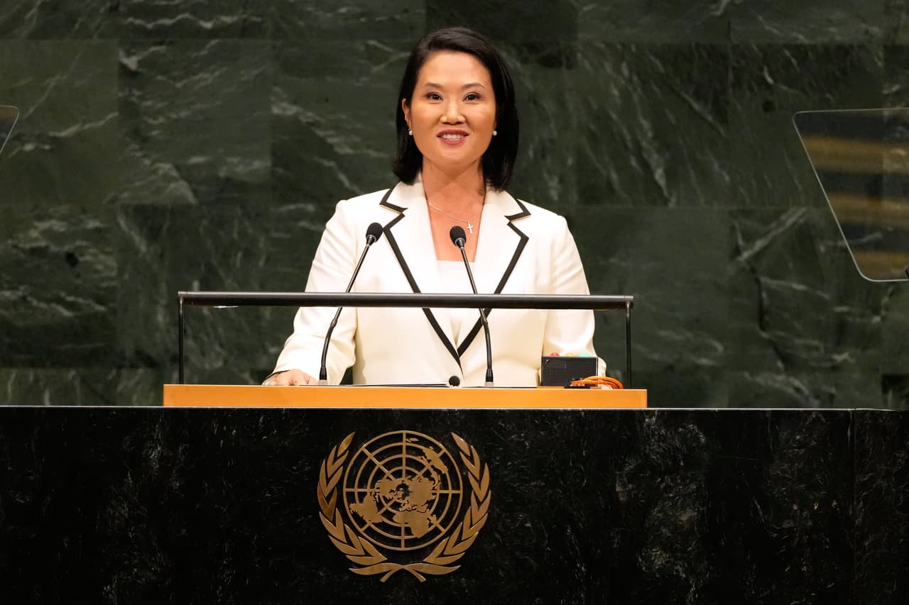 La presidenta de Perú, Keiko Fujimori, interviene durante el 81.º período de sesiones de la Asamblea General de las Naciones Unidas en la sede de la ONU, el martes 22 de septiembre de 2026.