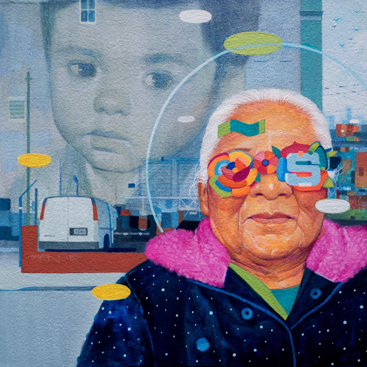 Planta y Semilla: “Pinté a Josué y su madre con patrones folklóricos porque su familia es salvadoreña y quise mostrar la importancia de la población centroamericana en el área”, dice Rodríguez. También quiso conmemorar la tradición del muralismo, el cual tiene una presencia muy fuerte en la Misión.