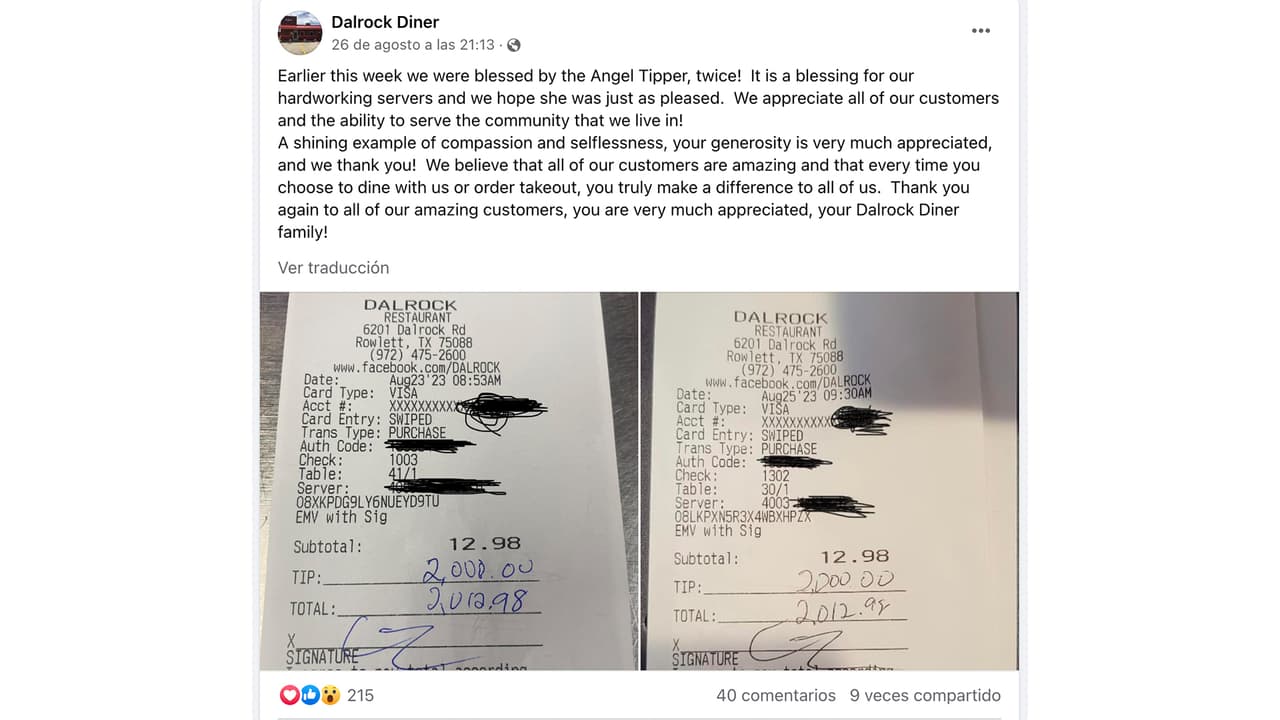 Es el ticket por propinas en el Dalrock Diner de Rowlett en Texas.