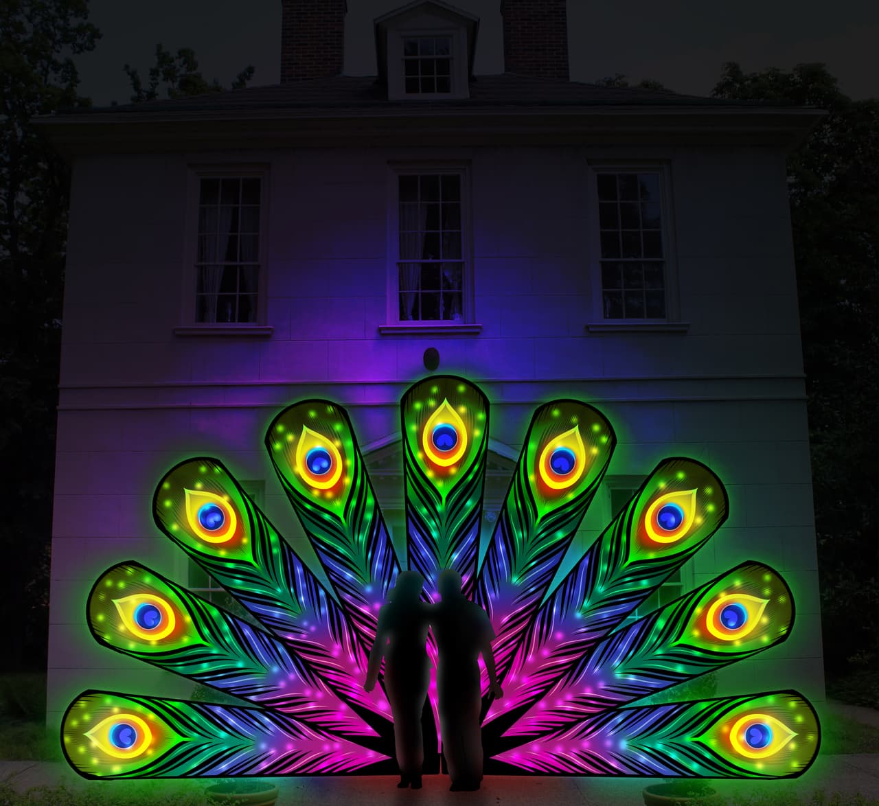 Todos sabemos que a los pavos reales les gusta ocupar un lugar central, pero los invitados podrán hacerlo en esta zona de tonos de joyas. De pie frente a plumas de pavo real gigantes e iluminadas, las personas pueden obtener la imagen navideña más singular de la temporada. Árboles bellamente coloreados y bolas espejadas crearán una mezcla de iluminación de 360 °.