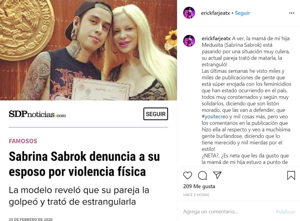 "A ver, la mamá de mi hija 'Medusita' está pasando por una situación muy culera, su actual pareja 
<b>¡trató de matarla, la estranguló!</b> Las últimas semanas he visto miles y miles de publicaciones de gente que está súper enojada con los feminicidios que han estado ocurriendo en el país".
<br>