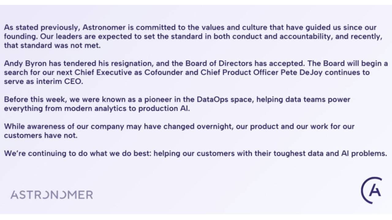 Comunicado de Astronomer sobre la renuncia de su CEO, Andy Byron.