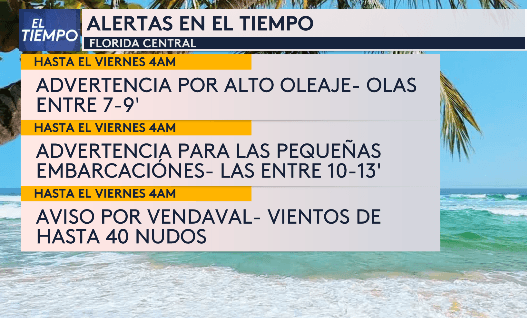 Ante los 
<b>efectos del frente fío</b> en la costa este de Florida Central, las autoridades publicaron múltiples avisos para los dueños de 
<b>embarcaciones pequeñas,</b> debido a que el mar mostrará condiciones adversas para jueves y viernes.