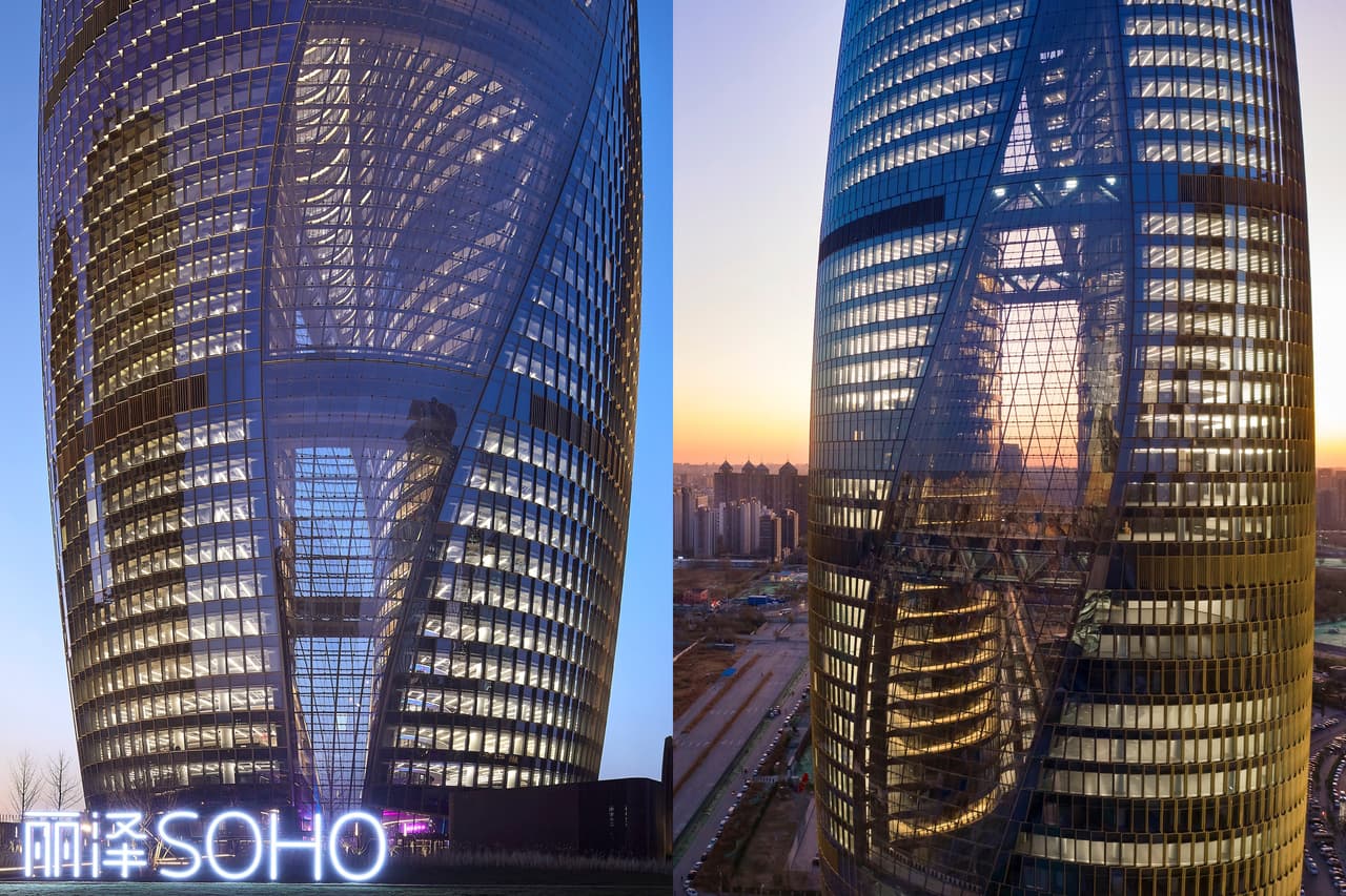 Debajo del Leeza SOHO hay una estación de metro, por esa razón el edificio tuvo que dividirse en dos partes. Las dos mitades del edificio se unen a través de varios puentes.