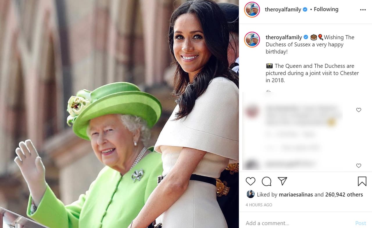 "¡Deseando a la duquesa de Sussex un muy feliz cumpleaños!", fue el mensaje con el que se acompañó a
<b><a href="https://www.instagram.com/p/CDdY1UcnClD/" target="_blank">la imagen. </a></b>
<br>