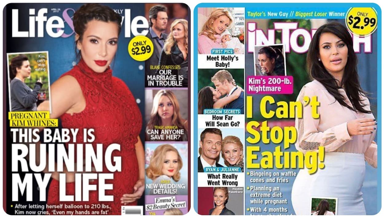 Estas otras portadas, también exhibidas en los 'stories' de Instagram de Kim Kardashian, se destacaba cómo supuestamente la socialité culpaba a su bebé de arruinar su figura, porque supuestamente no podía parar de comer.