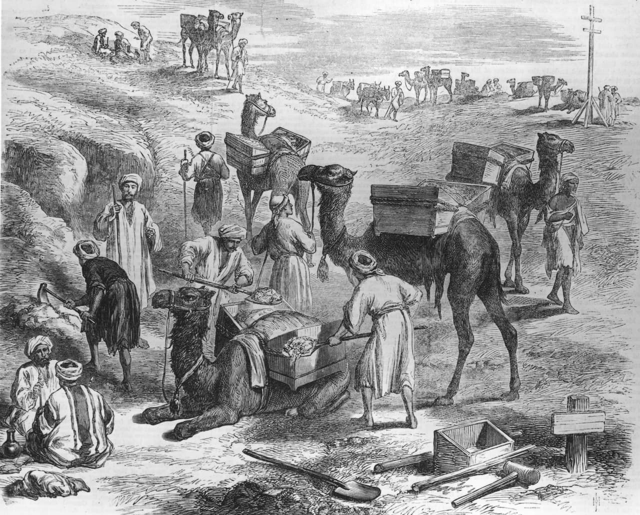 Al principio de la construcción, que duró unos 10 años, fueron reclutados campesinos para hacer la excavación del canal a mano, como muestra este dibujo de 1869. 
<a href="https://www.history.com/this-day-in-history/suez-canal-opens"><u>Más tarde, las dragas y las palas de vapor</u></a> operadas por trabajadores europeos se hicieron cargo y completaron la apertura del canal, por una zona en general arenosa.
<br>