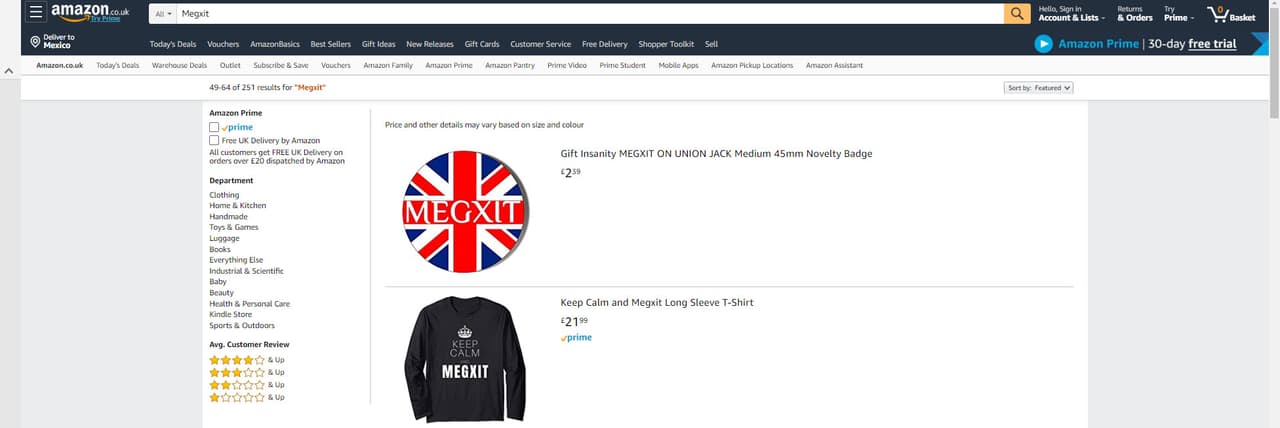 Medios de británicos como 
<a href="https://www.dailymail.co.uk/news/article-7885383/Hundreds-Megxit-merchandise-cushions-mugs-flood-Amazon-eBay.html" target="_blank">Daily Mail</a> y 
<a href="https://www.thesun.co.uk/news/10733484/megxit-merchandise/" target="_blank">The Sun</a>, reportaron que existen varias tiendas por internet como eBay y Amazon, con catálogos de playeras, tazas, cojines, bolsos y llaveros con la etiqueta '
<b>#Megxit</b>'.