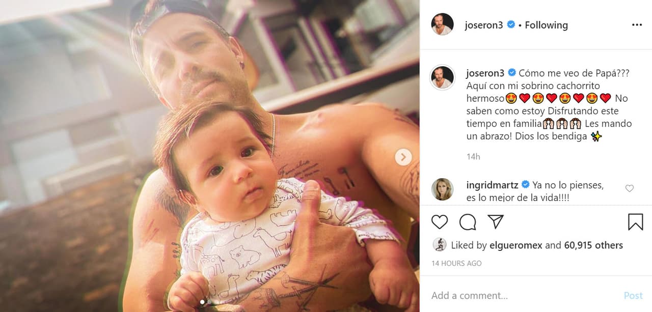 Junto a 
<b><a href="https://www.instagram.com/p/B-75Y4YJXFw/" target="_blank">esta imagen</a></b> con su sobrino, lanzó una pregunta: "
<b>¿Cómo me veo de papá? </b>Aquí con mi sobrino cachorrito hermoso. No saben cómo estoy disfrutando este tiempo en familia. ¡Les mando un abrazo!". 
<br>