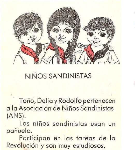 En los libros escolares de los años ochenta también se hacía propaganda al FSLN cómo se puede ver en esta reproducción de “los Carlitos”, adonde se habla de la Asociación de niños sandinistas