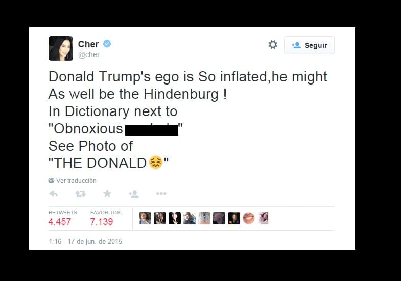 En su cuenta de Twitter, Cher estalló contra el empresario que pretende llegar a la presidencia del país.