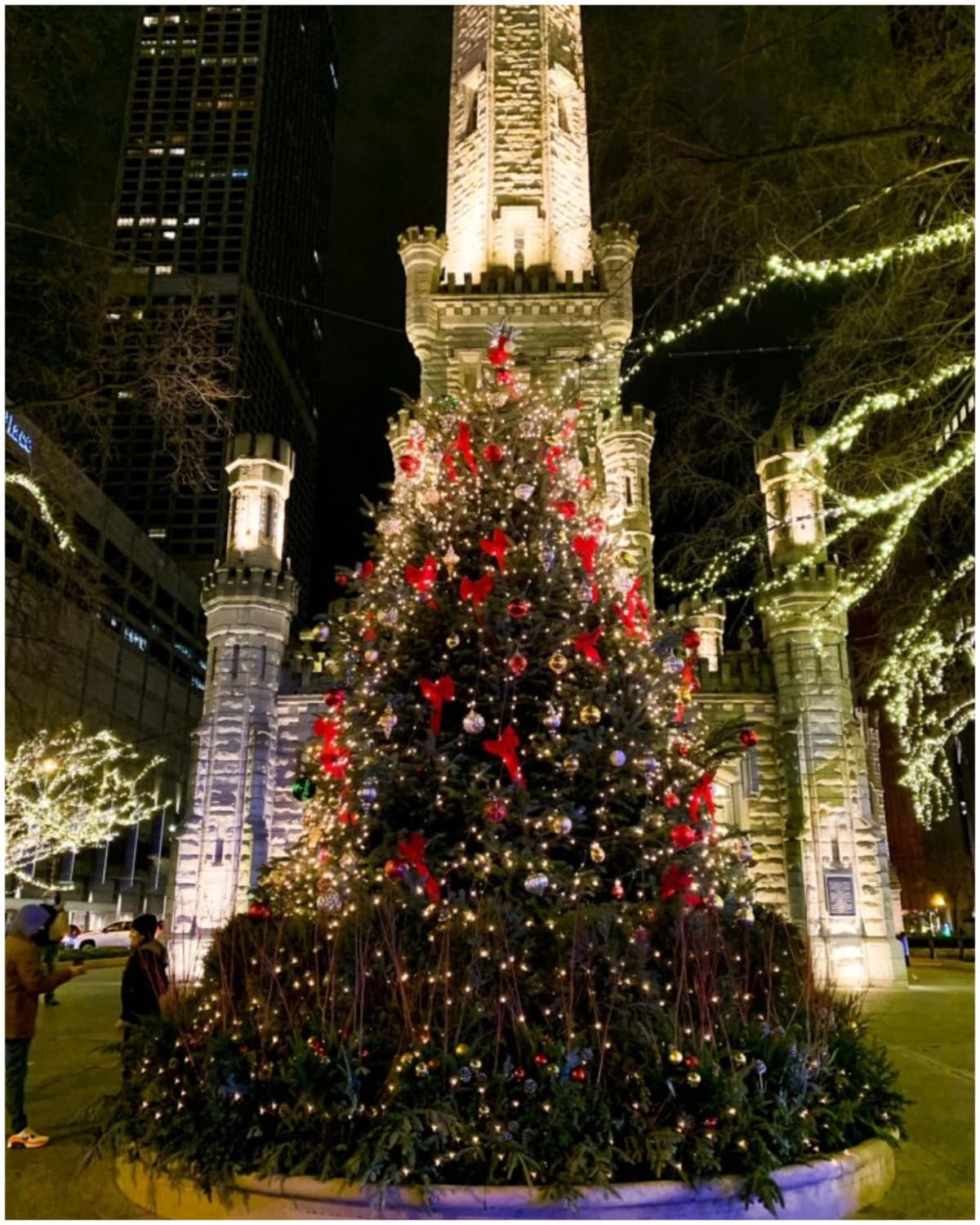 🎄Torre de agua de Chicago
<br>📍806 North Michigan Avenue
<br>❄️La torre se encuentra en la zona comercial de Chicago en Manificent Mile. En esta temporada se pone a tono con un enorme y frondoso árbol de navidad que las familias pueden disfrutar gratis. La torre actualmente es una galería de arte que pueden visitar después de tomarse hermosas imágenes.