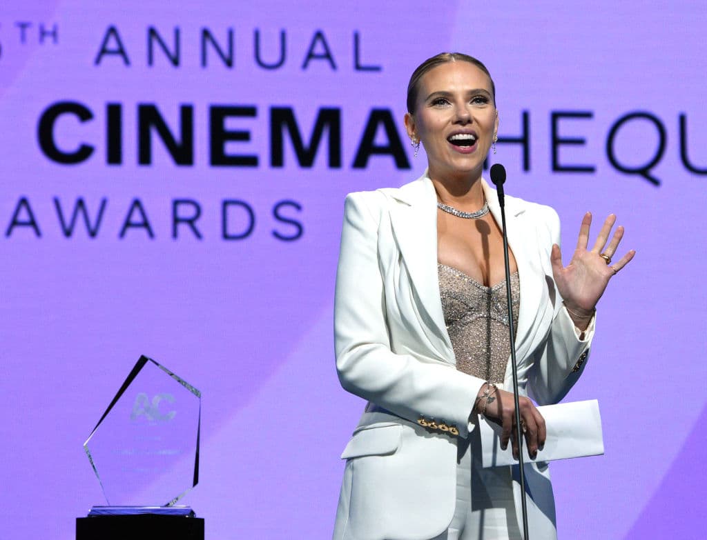 BEVERLY HILLS, CALIFORNIA - NOVEMBER 18: Honoree Scarlett Johansson speaks onstage during the 35th Annual American Cinematheque Awards Honoring Scarlett Johansson at The Beverly Hilton on November 18, 2021 in Beverly Hills, California. (Photo by Vivien Killilea/Getty Images for American Cinematheque)