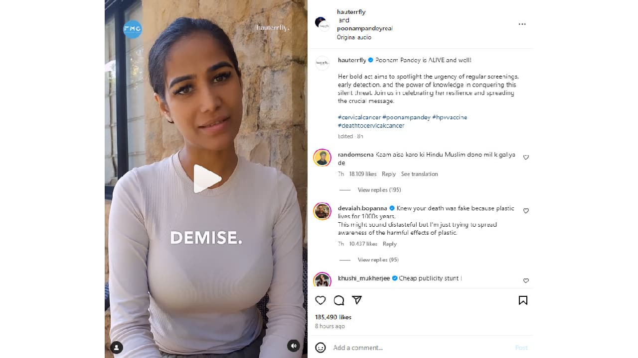 Poonam Pandey explica por qué fingió su muerte.