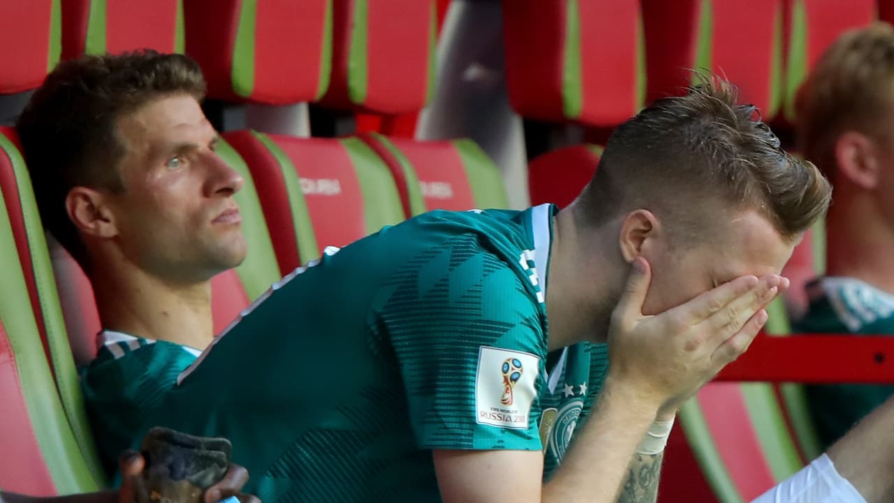 KAZAN, RUSSIA - JUNE 27: Marco Reus of Germany looks dejected following his sides defeat in the 2018 FIFA World Cup Russia group F match between Korea Republic and Germany at Kazan Arena on June 27, 2018 in Kazan, Russia. (Photo by Alexander Hassenstein/Getty Images, )