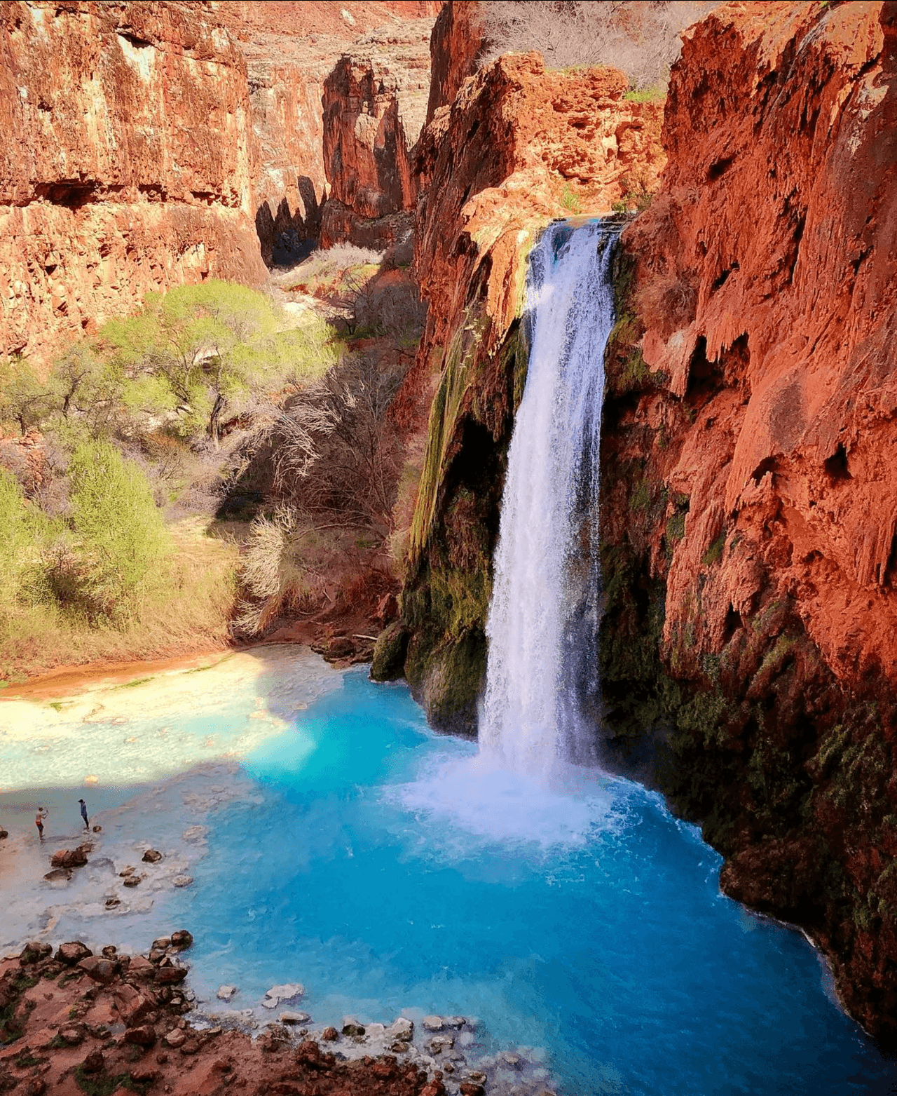 El sendero de 
<b>Havasu Falls </b>requiere trepar por las paredes del cañón cubiertas de niebla y utilizar una cadena para llegar a las piscinas de Mooney Falls y continuar hasta Beaver Falls.