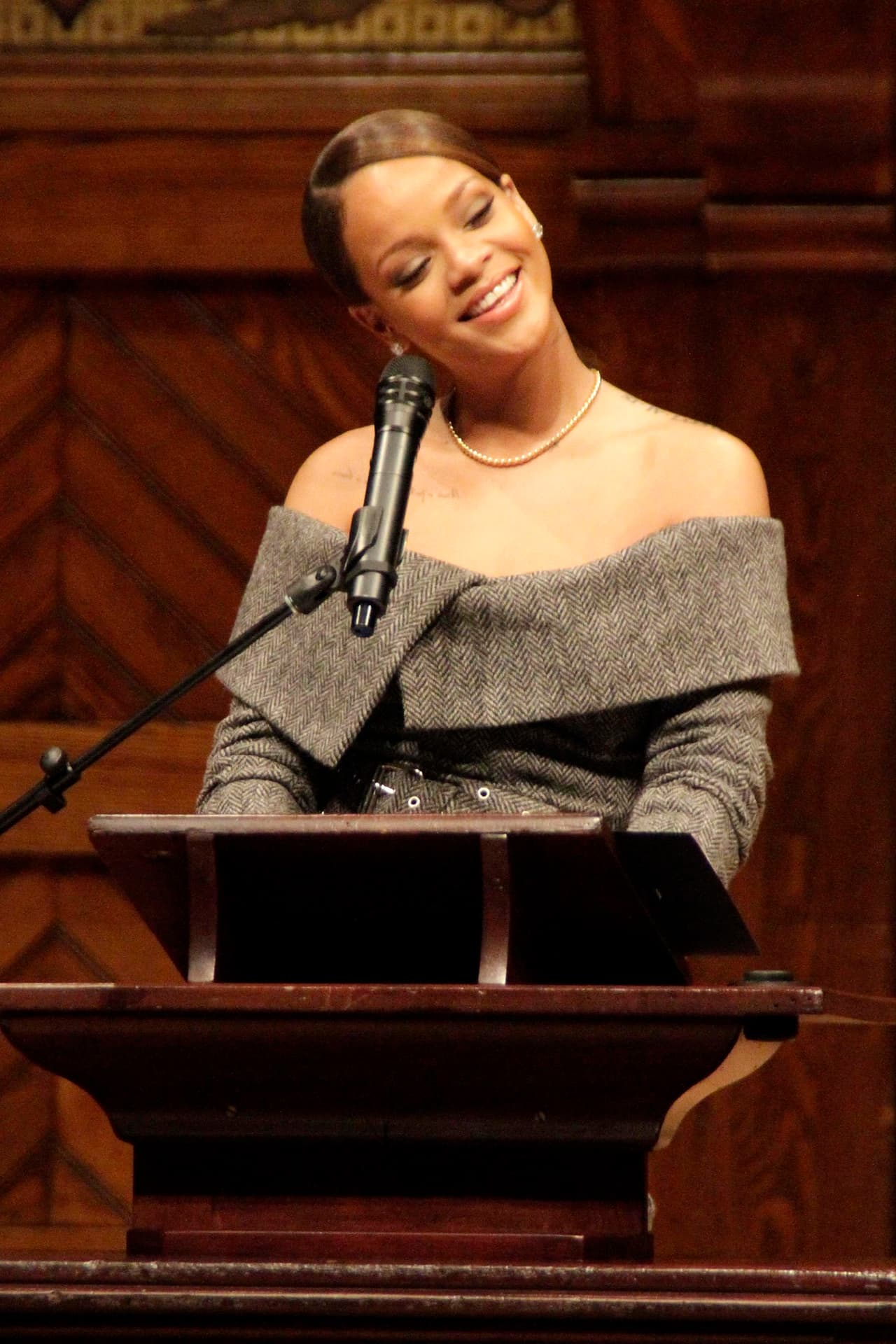 Photo © 2017 Instar Images/The Grosby Group Cambridge, Massachusetts, February 27, 2018. Pop star Rihanna is seen at Harvard's Sanders Theatre to receive the 2017 Humanitarian Award for her contributions in Barbados. Rihanna has charitably built a state-of-the-art center for oncology and nuclear medicine to diagnose and treat breast cancer at the Queen Elizabeth Hospital in Bridgetown, Barbados,î said Dr. S. Allen Counter, director of the Harvard Foundation, in a statement.