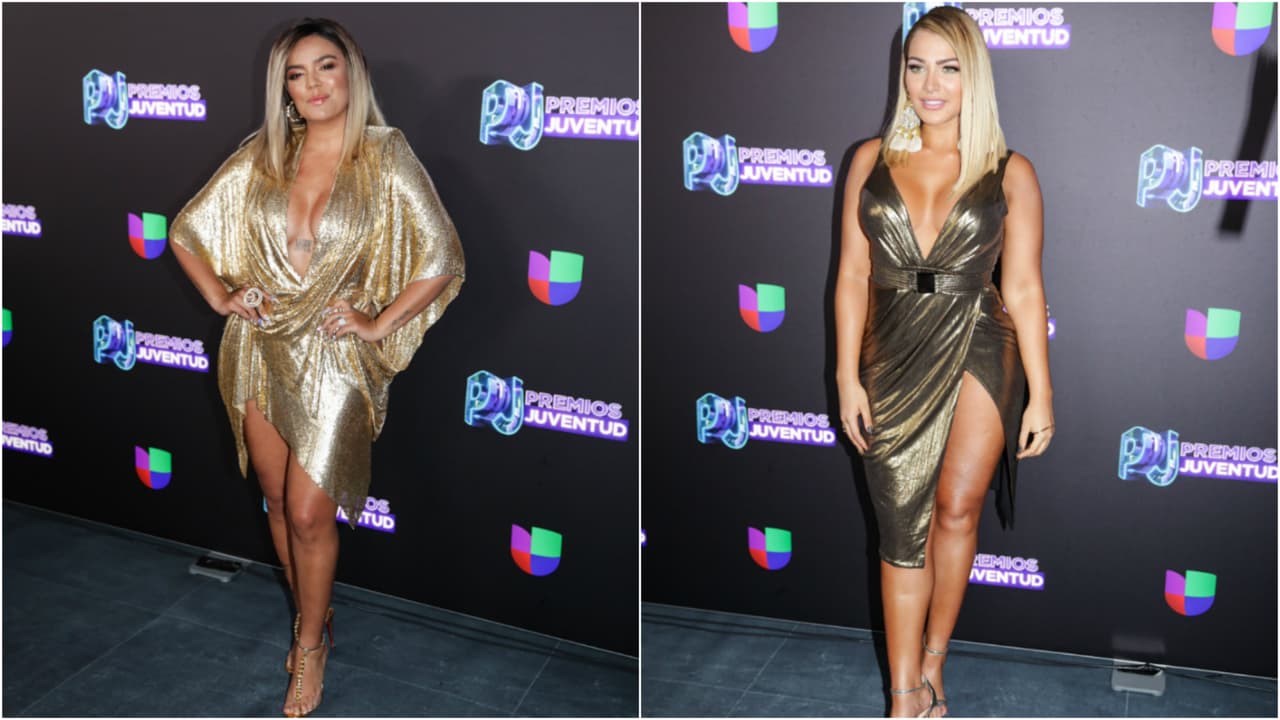 Los vestidos utilizados por Karol G y Migbelis Castellanos a su llegada a Premios Juventud tuvieron muchas similitudes en cuanto a diseño y color.