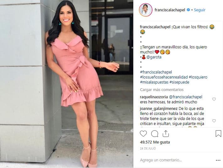 En julio de 2018 la presentadora compartió esta imagen en Instagram y aunque en su descripción la misma Francisca hizo evidente el uso de filtros fotográficos, algunos de sus seguidores la tundieron por usarlos.