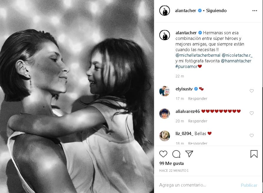 La bella foto captada por su primogénita Hannah muestra a Nicole, la segunda hija de nuestro conductor, y a Michelle, la menor de las mujercitas de su familia, fundidas en un abrazo. "Hermanas son esa combinación entre súper héroes y mejores amigas, que siempre están cuando las necesitas", escribió Alan junto a la imagen.