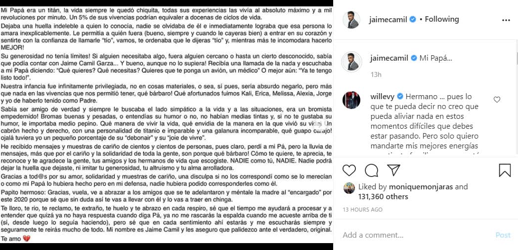 <b><a href="https://www.univision.com/famosos/despedida-jaime-camil-muerte-papa-fotos">Jaime Camil dedicó una extensa carta de adiós a su fallecido padre</a></b> y resaltó su generosidad.