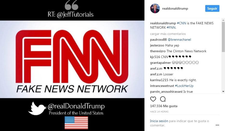 Trump se burla de CNN difundiendo un logo que imita sus letras para acusarle de divulgar noticias falsas