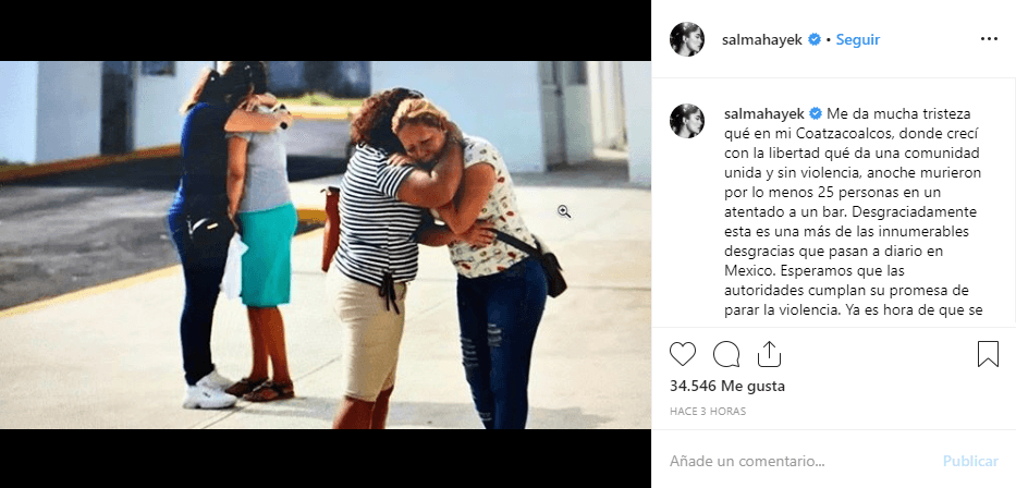 “Me da mucha tristeza que en mi Coatzacoalcos, donde crecí con la libertad que da una comunidad unida y sin violencia, anoche murieron por lo menos 25 personas en un atentado a un bar”, comentó en la publicación que acompañó con una imagen de mujeres confortándose.
