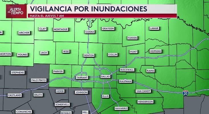 <b>Vigilancia por inundaciones hasta el jueves a las 7 a. m. para todo el norte de Texas</b>, incluyendo el área de Dallas-Fort Worth. Los acumulados de precipitación 
<b>podrían alcanzar hasta 5 pulgadas en zonas aisladas.</b>