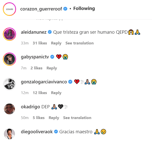 Algunos actores del elenco comentaron la publicación como el protagonista masculino Gonzalo García Vivanco, Gaby Spanic, Aleida Núñez, Diego olivera, entre otros.
<br>