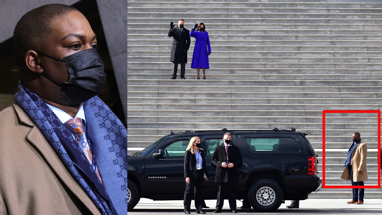 <b>Un héroe en el asalto al Capitolio protagoniza la juramentación. </b>Eugene Goodman, un oficial de la policía del Capitolio que evitó que un grupo de insurrectos entrara al Senado el 6 de enero, escoltó a Kamala Harris durante la ceremonia de Juramentación. En la fotografía de la derecha Goodman protege uno de los flancos de la vicepresidenta cuando despidió al exvicepresidente Mike Pence. 
<a href="https://www.univision.com/noticias/politica/en-fotos-partidarios-de-trump-entran-a-la-fuerza-al-capitolio-de-estados-unidos-protesta-donald-trump-joe-biden-elecciones-2021-fotos"><u>Vea aquí las fotografías del asalto al congreso por partidarios de Trump</u></a>