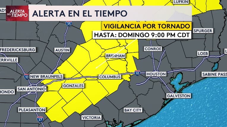 Se emite una vigilancia por tornado que afecta varios condados en Texas, entre las ciudades de Austin y Houston, incluyendo las localidades de González y Columbus.