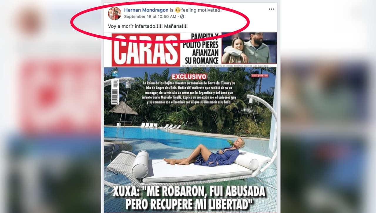 Esta publicación de Hernán Monadragón resultó premonitoria, pues un día después saludó a Xuxa y luego sufrió un infarto mortal.