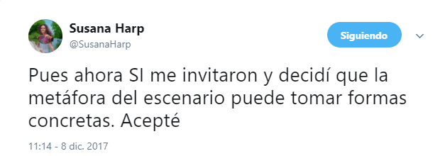 Fue así que el 8 de diciembre de 2017, a través de Twitter, la cantante escribió: "Pues ahora sí me invitaron y decidí que la metáfora del escenario puede tomar formas concretas. Acepté".