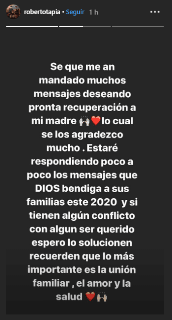 En un mensaje que publicó el intérprete este 31 de diciembre en sus Instagram Stories, agradeció a quienes desearon la recuperación de su madre.