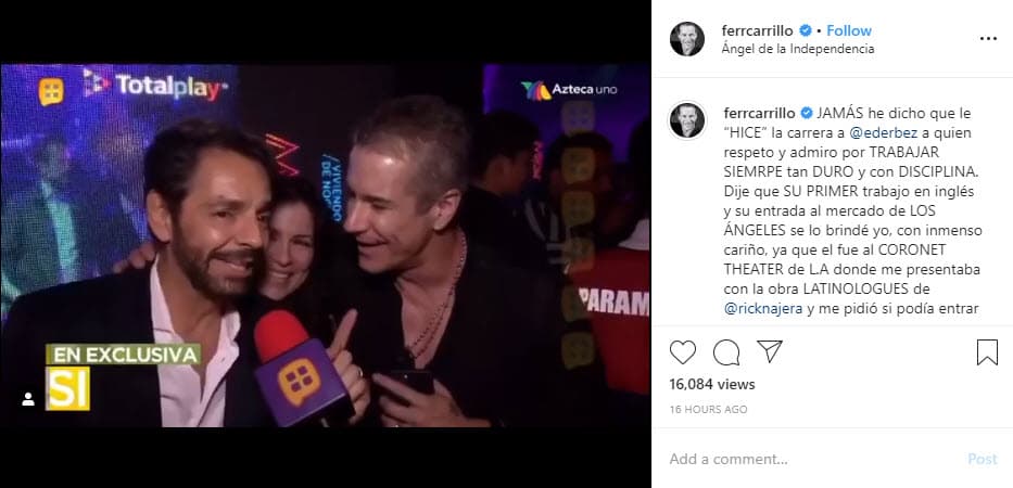 El actor venezolano publicó el mensaje acompañado de una entrevista de 'Ventaneando' en donde Eugenio dice que 
<b>Fernando lo inspiró a buscar el sueño americano</b>.
<br>