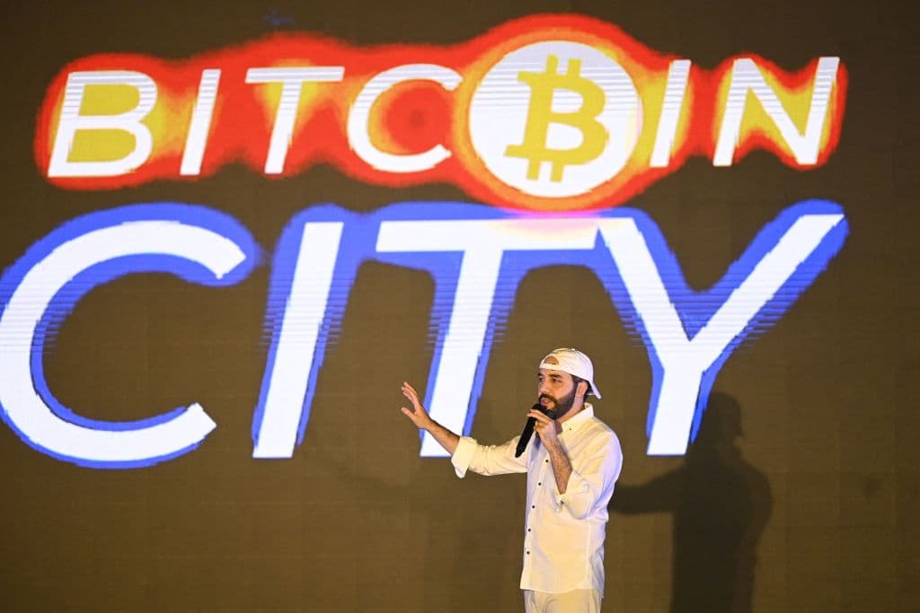 President of El Salvador, Nayib Bukele, gestures during his speech at the closing ceremony of the Latin Bitcoin conference (LaBitConf) at Mizata Beach, El Salvador, on November 20, 2021.