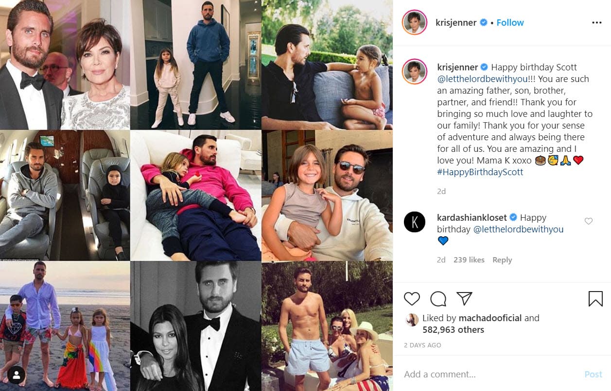 <b>Kris Jenner</b> también le dedicó un mensaje a su exyerno: "¡Feliz cumpleaños Scott! ¡Eres un padre, hijo, hermano, compañero y amigo increíble! ¡Gracias por traer tanto amor y risas a nuestra familia! Gracias por tu sentido de la aventura y por estar siempre ahí para todos nosotros. ¡Eres increíble y te amo! Mamá K", se lee en la red social. 
<br>