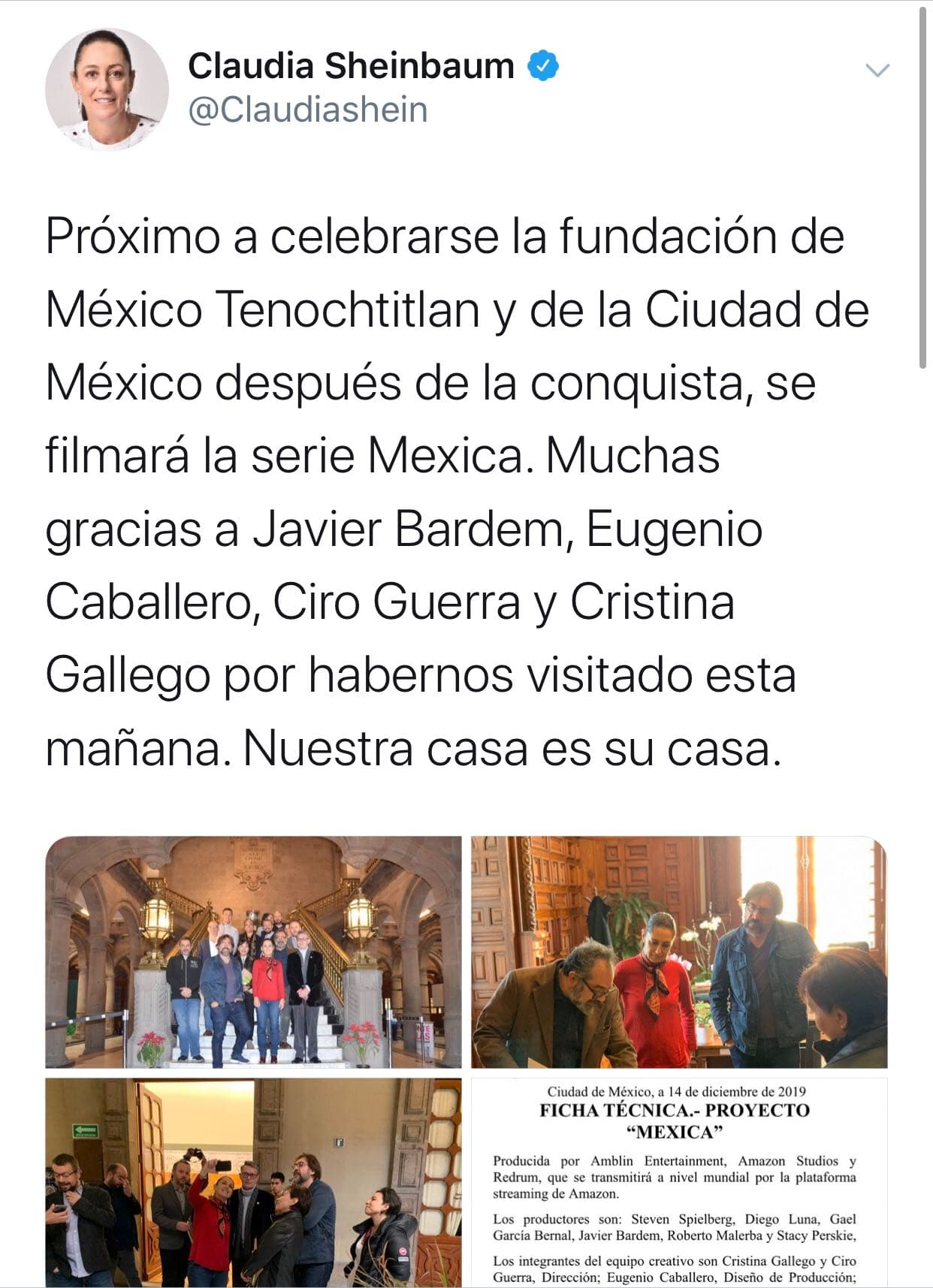 "Próximo a celebrarse la fundación de México Tenochtitlan y de la Ciudad de México después de la conquista, se filmará la serie Mexica. Muchas gracias a Javier Bardem, Eugenio Caballero, Ciro Guerra y Cristina Gallego por habernos visitado esta mañana. Nuestra casa es su casa", escribió la funcionaria.
<br>