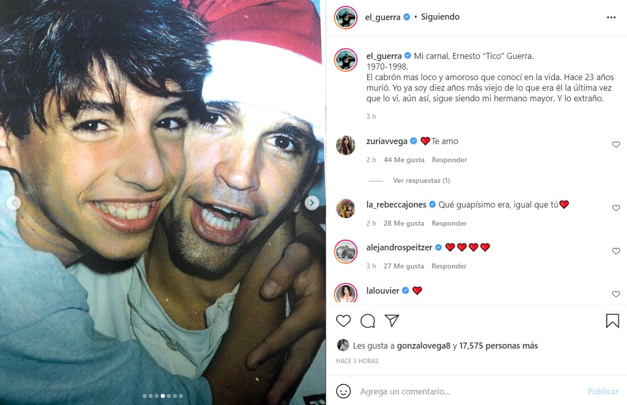<b>Alberto Guerra</b> compartió una serie de imágenes de su hermano Ernesto, quien perdió la vida hace más de dos décadas: "Mi carnal, Ernesto 'Tico' Guerra. 1970-1998", se lee al inicio.