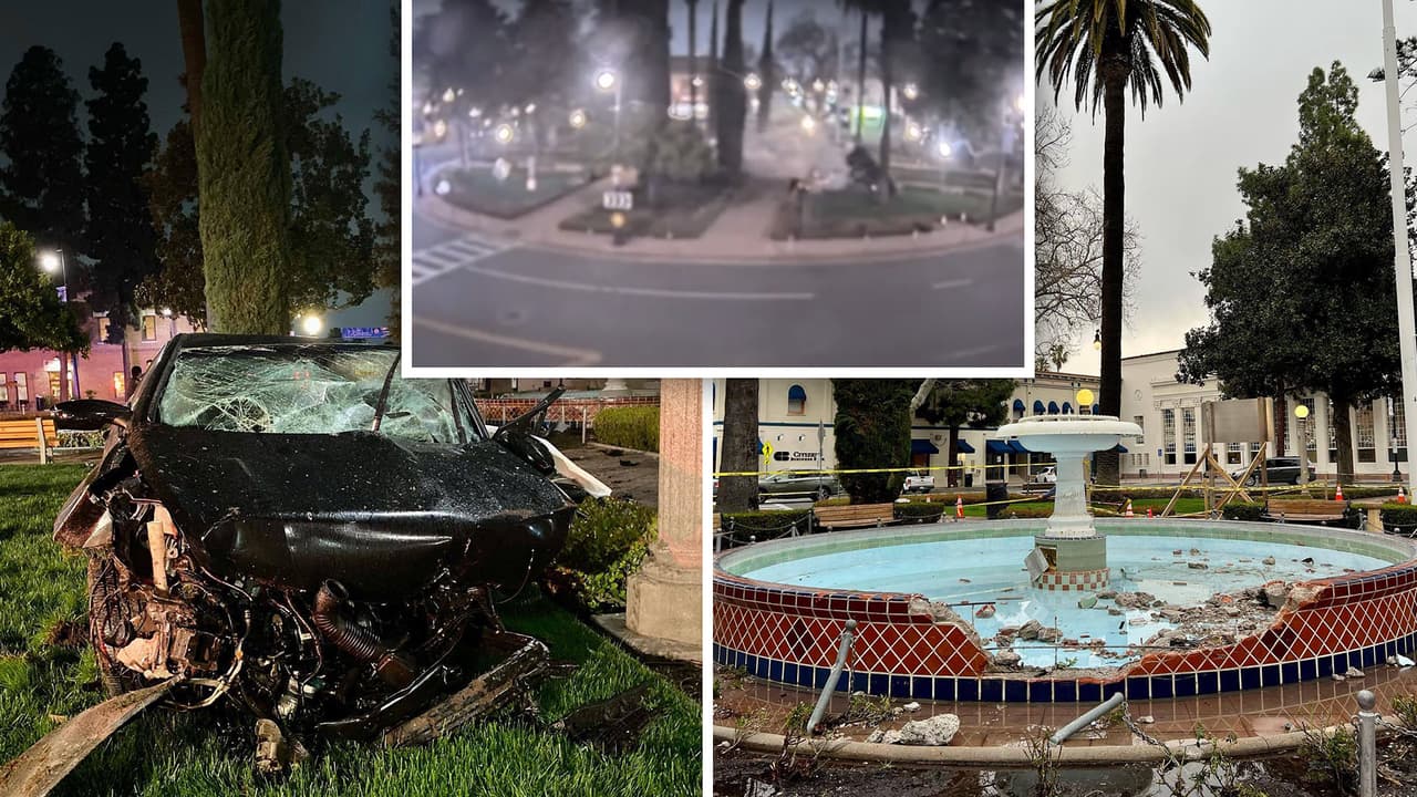 Persecución policial: auto se impacta y daña fuente histórica de Plaza Park en Orange