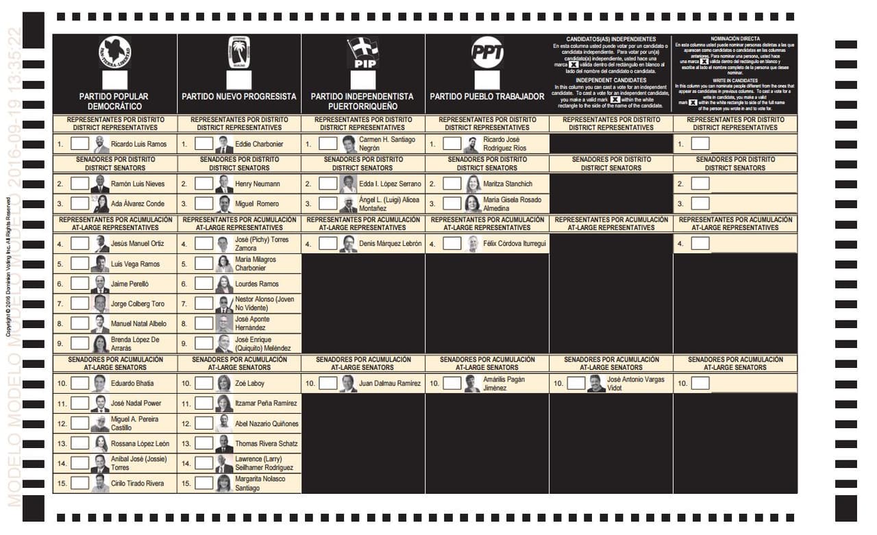 La tercera papeleta que recibirás es la papeleta legislativa en la cual salen los candidatos para la Legislatura: representantes por distrito, representantes por acumulación y senadores por acumulación. Esta es la papeleta modelo se San Juan.