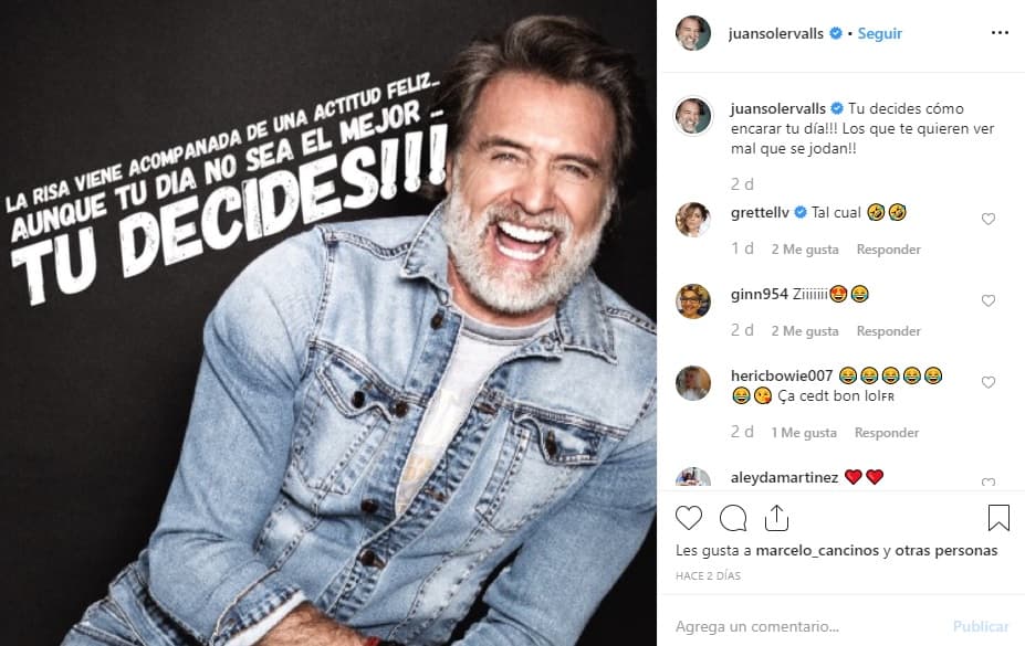 "La risa viene acompañada de una actitud feliz, aunque tu día no sea el mejor. Tú decides (…) Tú decides cómo encarar tu día. Los que te quieran ver mal, ¡que se jodan!", escribió en la 
<b><a href="https://www.instagram.com/p/B5VQg54l-xr/" target="_blank">red social</a></b>.