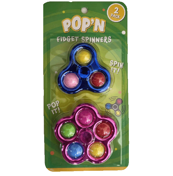 <b>Nombre: </b>Pop'n Fidget Spinners
<br>
<br>
<b>Precio: </b>$4.98
<br>
<br>
<b>Lugares de venta:</b> Walmart, Walmart.com y Amazon.com
<br>
<br>
<b>Edad: </b>No se especifica
<br>
<br>
<b>Advertencia:</b> Pese a que estos productos no cuentan con ninguna advertencia ni especificaciones de a qué edad es recomendable su uso, están fabricados con insertos de goma que, al ser desprendidos, pueden provocar obstrucción de las vías respiratorias y asfixia si se introducen en boca o fosas nasales.