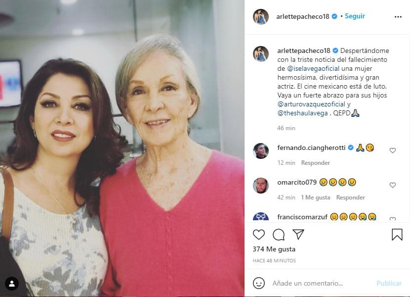 Arlette Pacheco le dedicó un mensaje en Instagram: "Despertándome con la triste noticia del fallecimiento de Isela Vega, una mujer hermosísima, divertidísima, estrella y gran actriz. El cine mexicano está de luto. Vaya un fuerte abrazo para sus hijos Arturo Vázquez y Shaula Vega. QEPD".
