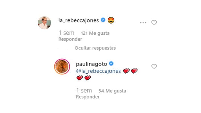 La actriz Rebecca Jones reaccionó con una carita, mientras que Goto le respondió con varios corazones.
<br>