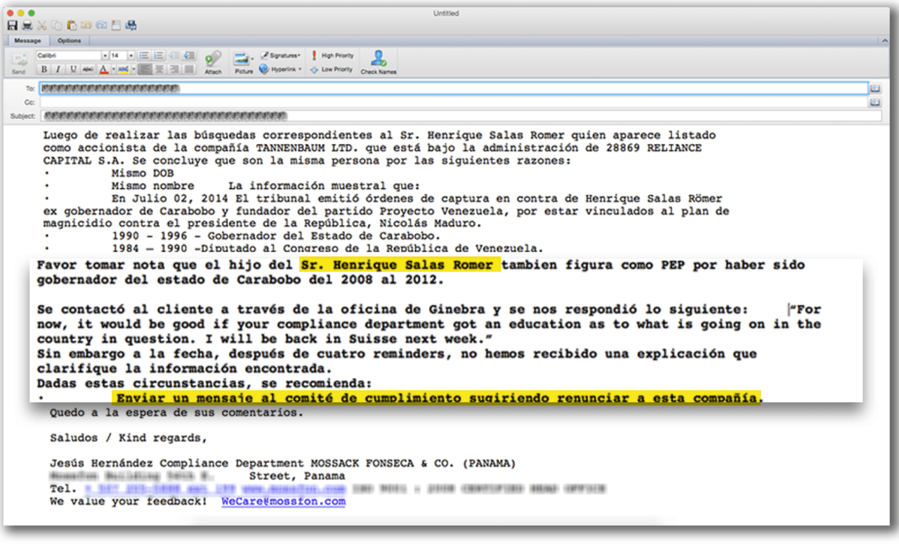 Empleado de Mossack Fonseca escribe para advertir la situación del cliente Salas Römer